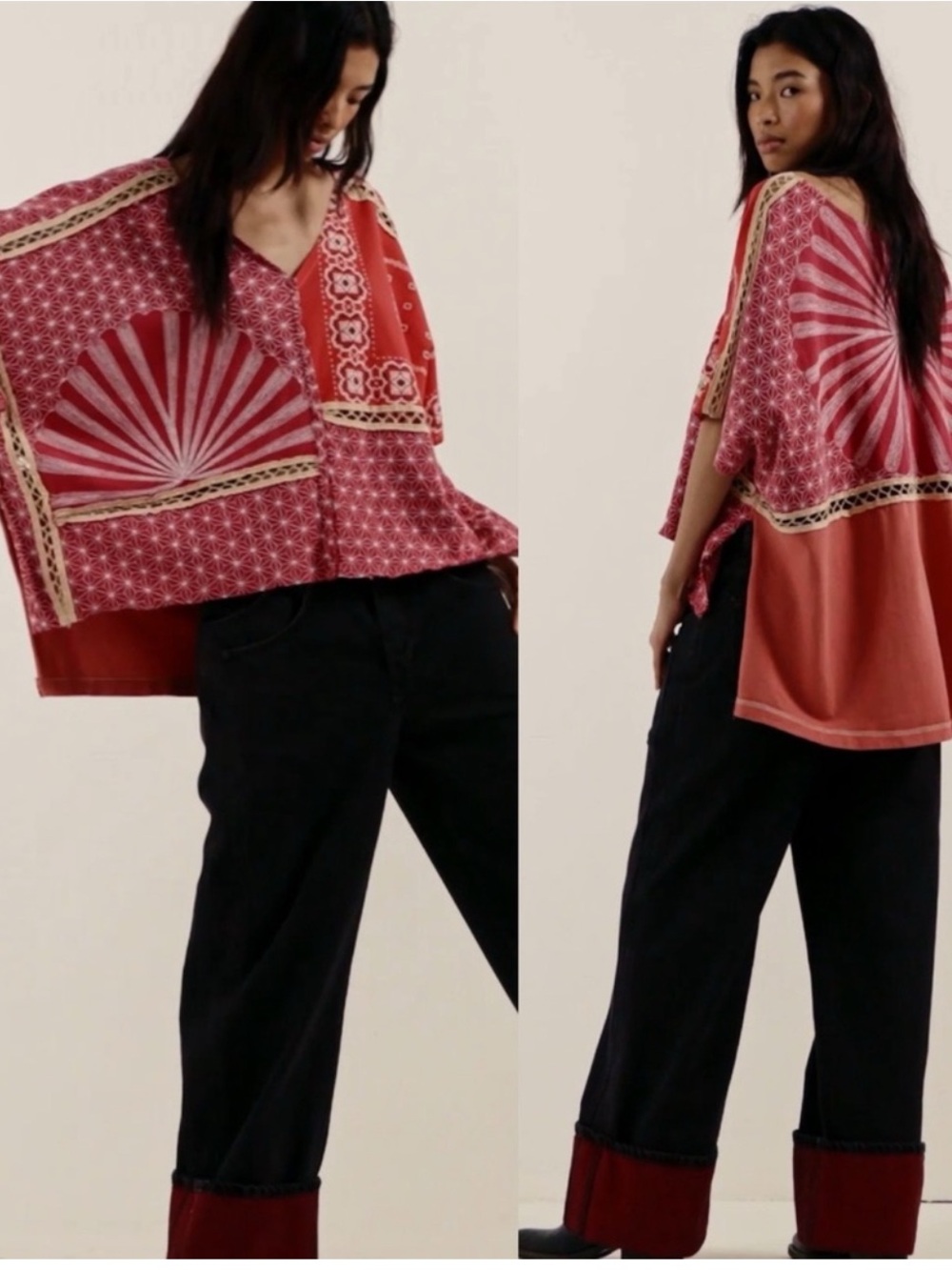 Free People We The Free Red Thunderbird Patterned V-Neck Tee with Cream Trim XS - Picture 5 of 8